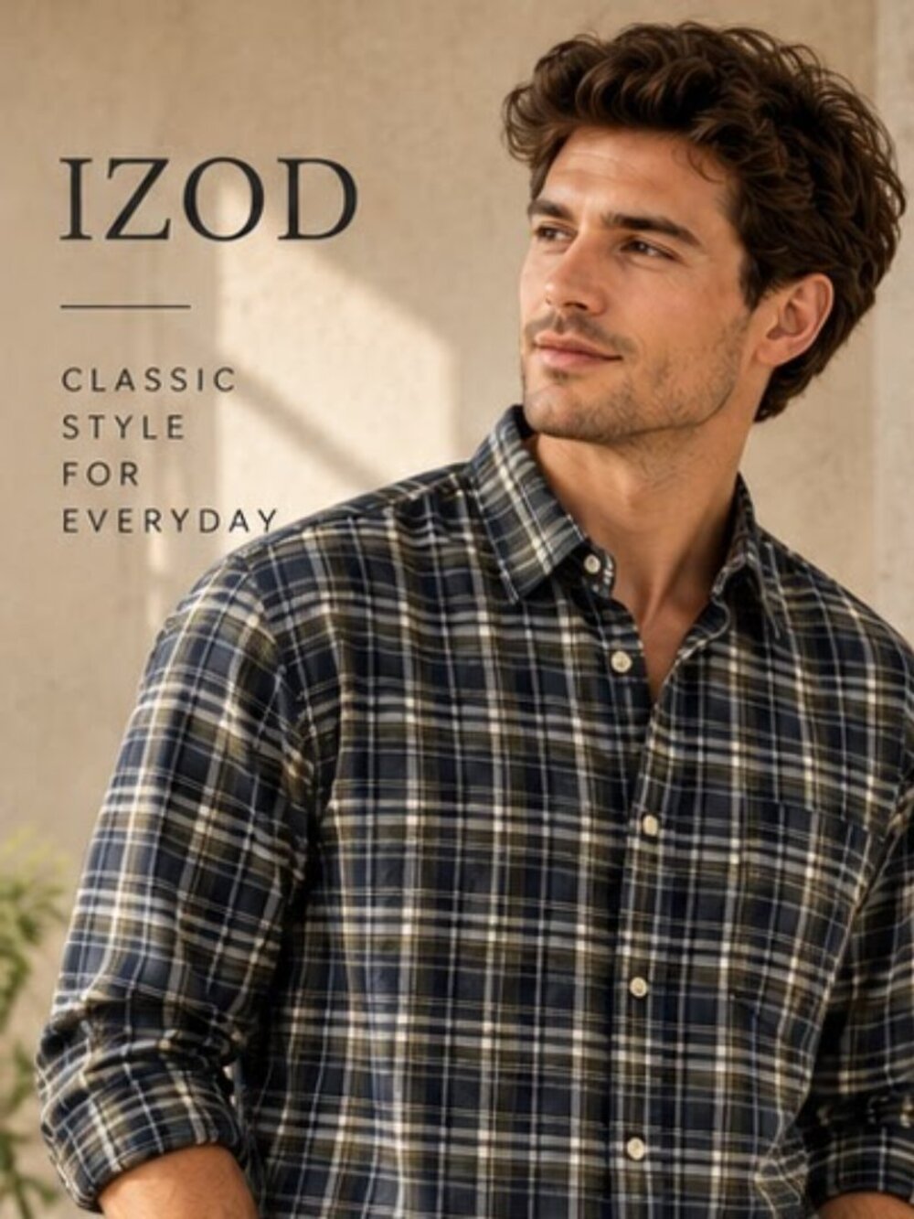 IZOD Sport Men’s Plaid Long Sleeve Button-Down Shirt Navy Olive White Size Large